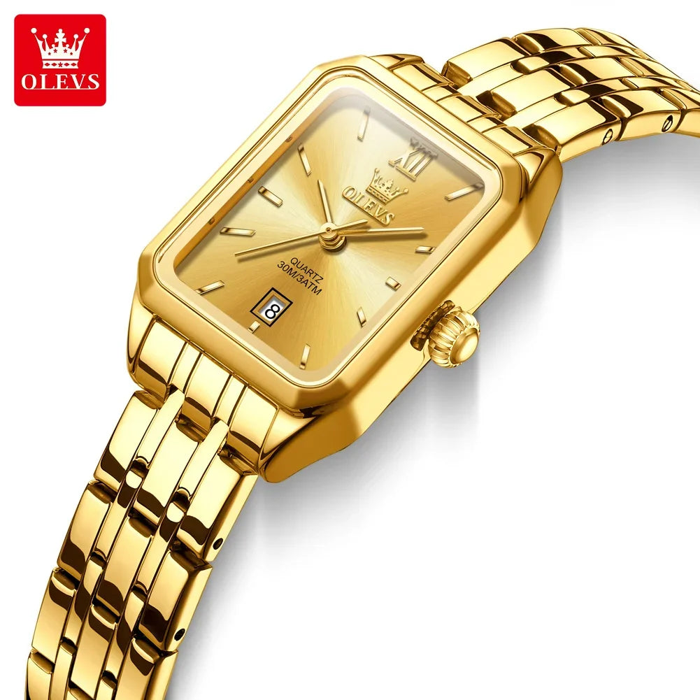 OLEVS Quartz Women's Watches Stainless Steel Square Small Gold Watch for Women Waterproof Auto Date Elegant Ladies Wristwatches TechVisio