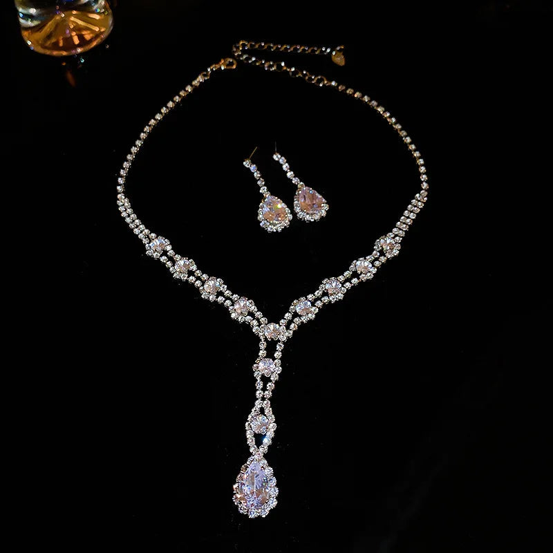 Shiny Crystal Necklace Earrings Women's Fashion Big Water Droplet Rhinestone Necklaces Wedding Evening Dress Jewelry Set TechVisio