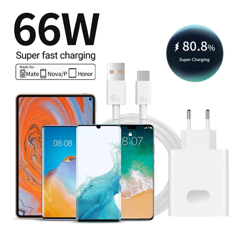 6A 66W Super Fast EU Wall Charger For Huawei Mate 40 50 60 P50 Nova 8 9 10 Honor 90 100 X7 X8 X9 Magic Type C Charging USB Cable TechVisio
