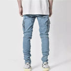 Men Street Elastic Denim Jeans Wash Solid Color Multi Pockets Cargo Pants Casual Slim Fit Daily Wear Joggers Mid Waist Trousers TechVisio