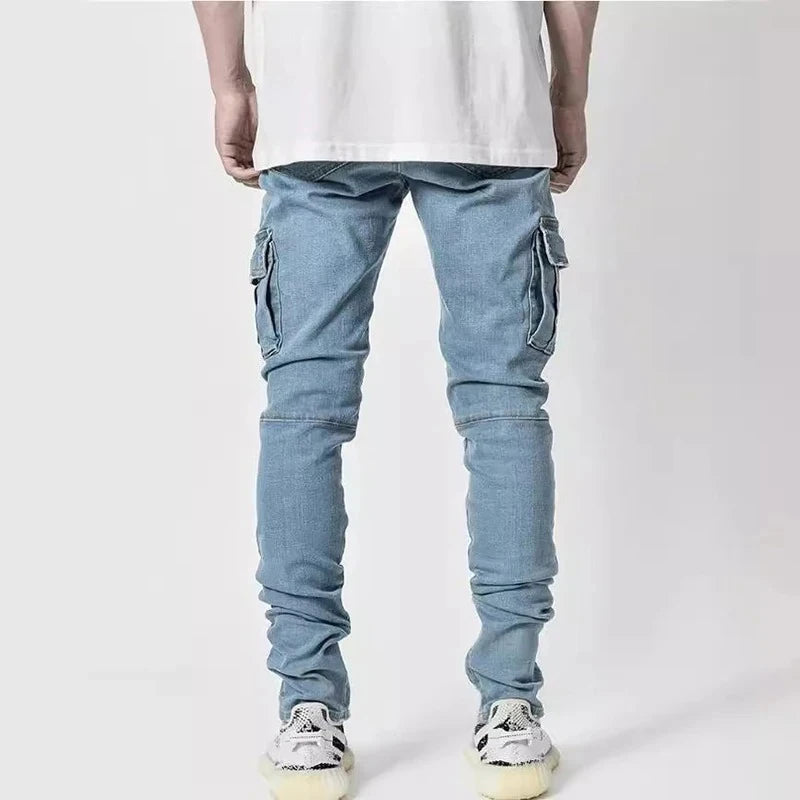 Men Street Elastic Denim Jeans Wash Solid Color Multi Pockets Cargo Pants Casual Slim Fit Daily Wear Joggers Mid Waist Trousers TechVisio