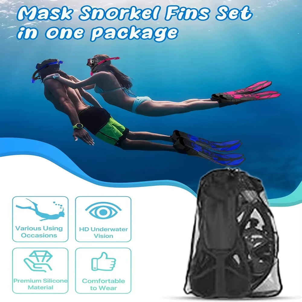 Mask Snorkel Fin Set Panoramic View Snorkel Mask Adjustable Dive Flipper Dry Top Snorkel and Travel Bag Snorkel Gear for Adults TechVisio