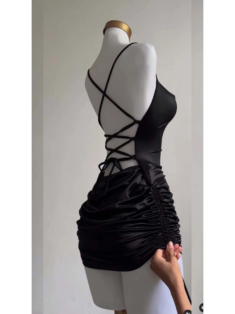 Sexy Sleeveless Backless Bodycon Mini Dress Women Summer Satin Lace Up Party Club Dresses Streetwear Evening Black Y2K 2025 Robe TechVisio