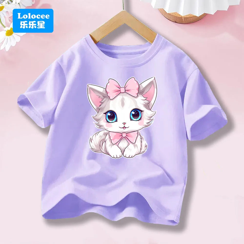 Cute Cat with Bow Print Girls T Shirt Kids Summer Short Sleeve Cotton T-shirt Kawaii Top Tee for Baby Girl 3-14y MM1 TechVisio