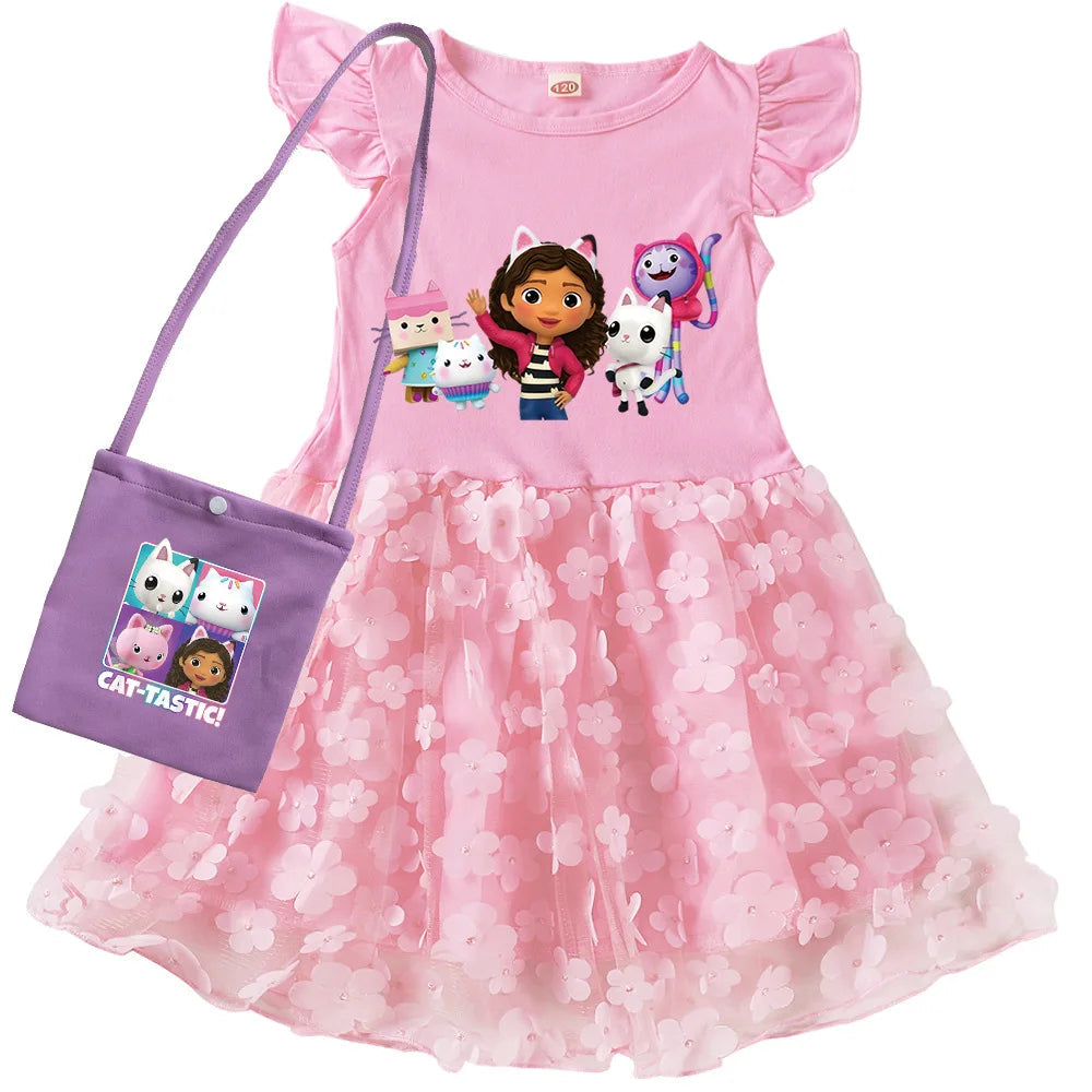 Vestidos Gabbys Dollhouse Costume Kids Cartoon Gabby Chat Dress Baby Girls Summer Short Sleeve Casual Dresses and Bag & Headband TechVisio