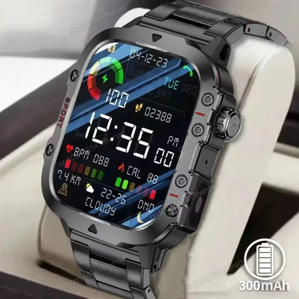 2026 Rugged Military Smart Watch Men's Outdoor Watch LED Flashlight 2.01'' HD Touch Screen Voice Bluetooth Call Smartwatch Gifts TechVisio