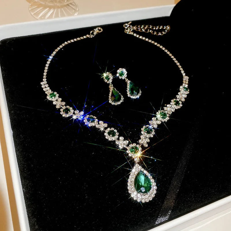 Shiny Crystal Necklace Earrings Women's Fashion Big Water Droplet Rhinestone Necklaces Wedding Evening Dress Jewelry Set TechVisio