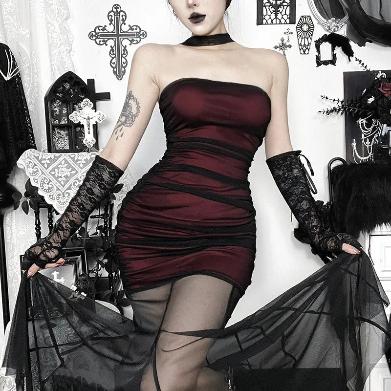 Goth Dark Women Elegant Fashion Partywear Mall Gothic Mesh Patchwork Trumpet Dresses Y2K Strapless Bodycon Dress Slim Vestido TechVisio