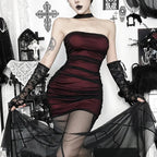 Goth Dark Women Elegant Fashion Partywear Mall Gothic Mesh Patchwork Trumpet Dresses Y2K Strapless Bodycon Dress Slim Vestido TechVisio
