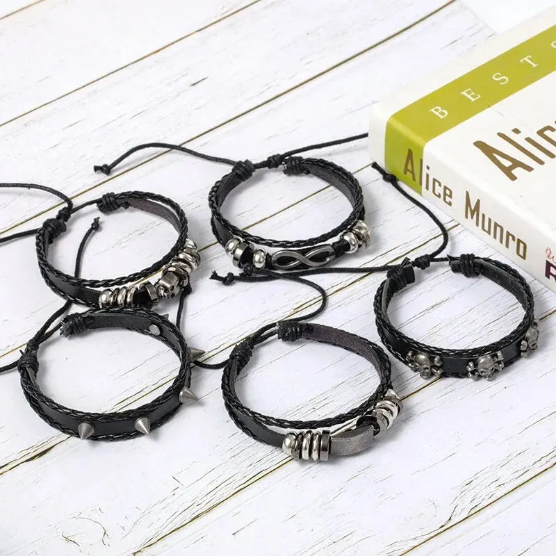 Set 5 Bracelets Punk Cuir Tressés – Style Vintage Unisexe