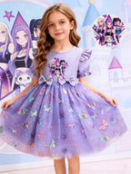 Dreamy Style Kids Princess Dress, Purple, K-POP Cartoon Print + Colorful Dot Butterfly Sequin Elements TechVisio