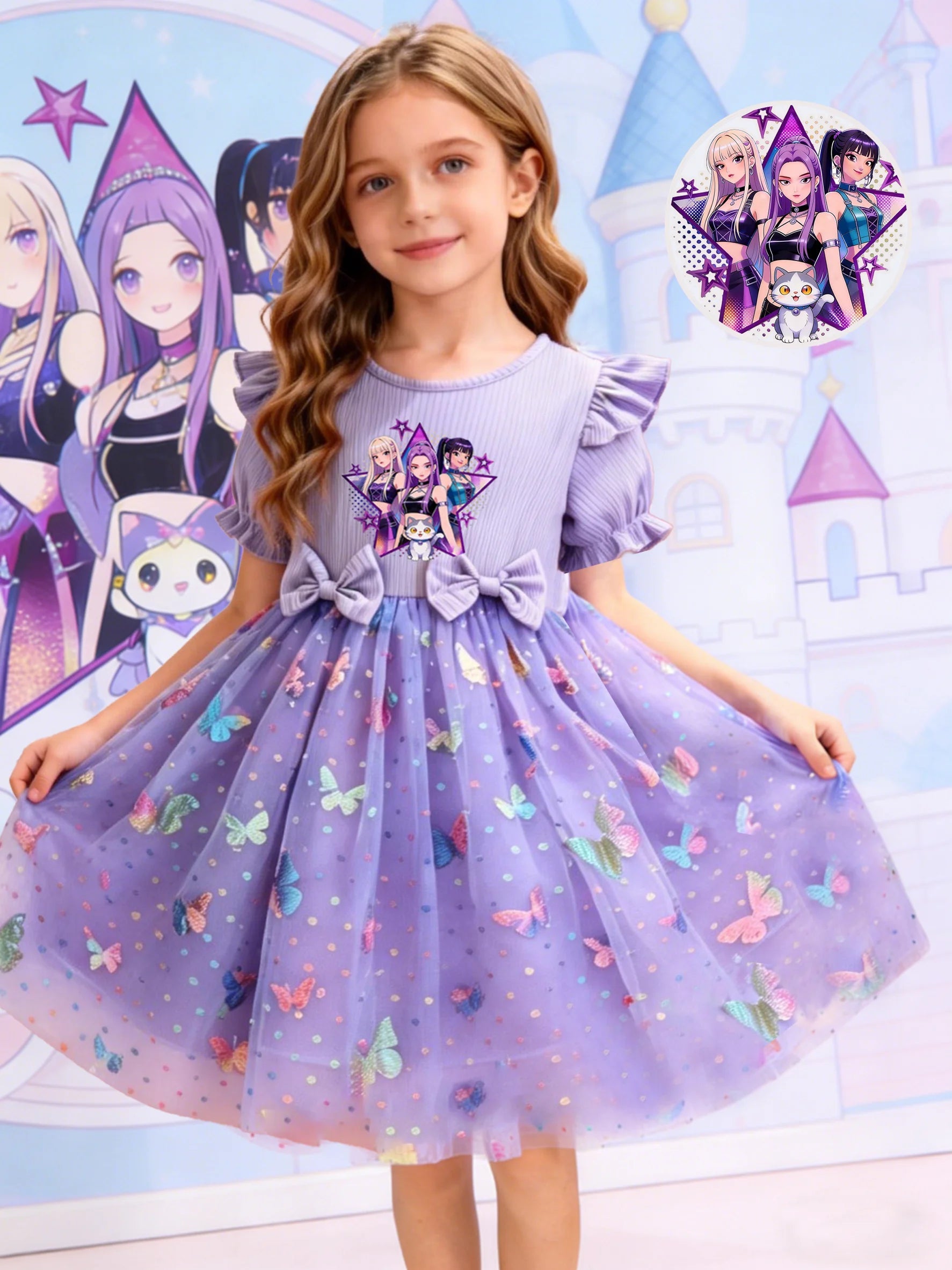 Dreamy Style Kids Princess Dress, Purple, K-POP Cartoon Print + Colorful Dot Butterfly Sequin Elements TechVisio