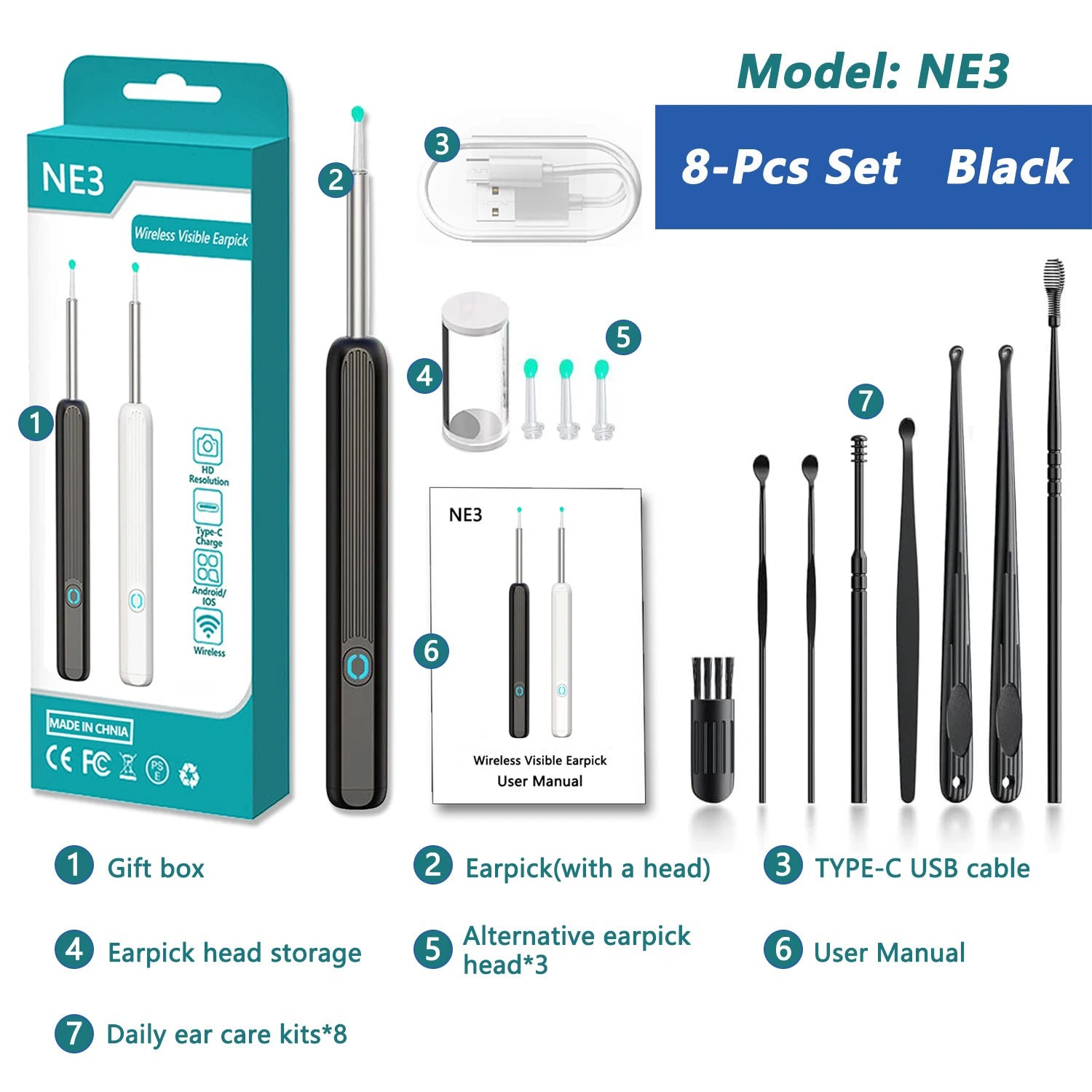 Nettoyeur d'Oreilles Visuel Connecté 1080P – WiFi, IP67, USB-C, Kit Complet