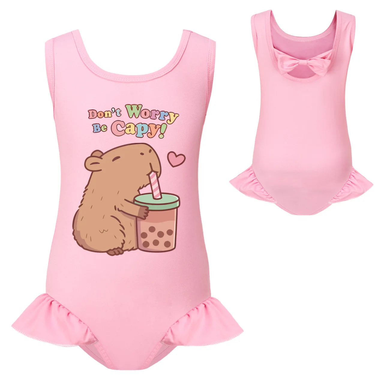 Cute Capybara Loves Bubble Tea Clothes Kids Summer Swimwear Baby Girls Once Piece Swimsuit & Cap Children Vacation Bikini suits TechVisio