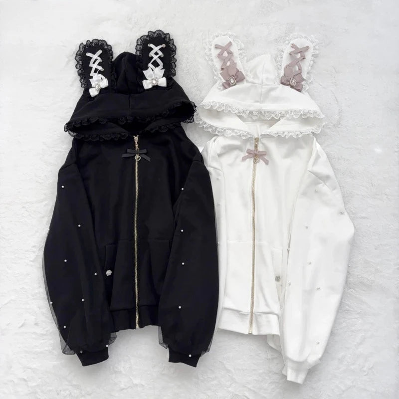 Japanese Pearl Gauze Patchwork Coats Women Y2k Aesthetic Lace Rabbit's Ears Jackets Casual Oversized Harajuku Kawaii Hoodies Top TechVisio