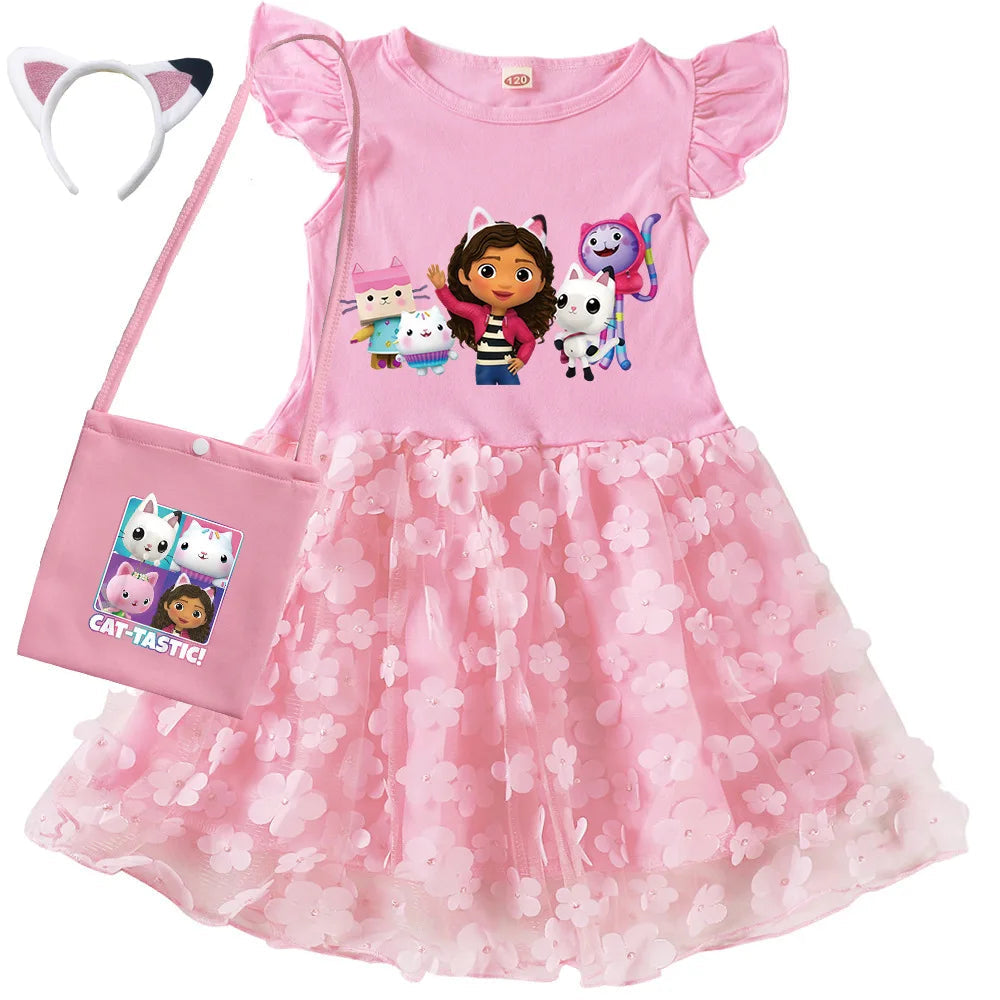 Vestidos Gabbys Dollhouse Costume Kids Cartoon Gabby Chat Dress Baby Girls Summer Short Sleeve Casual Dresses and Bag & Headband TechVisio