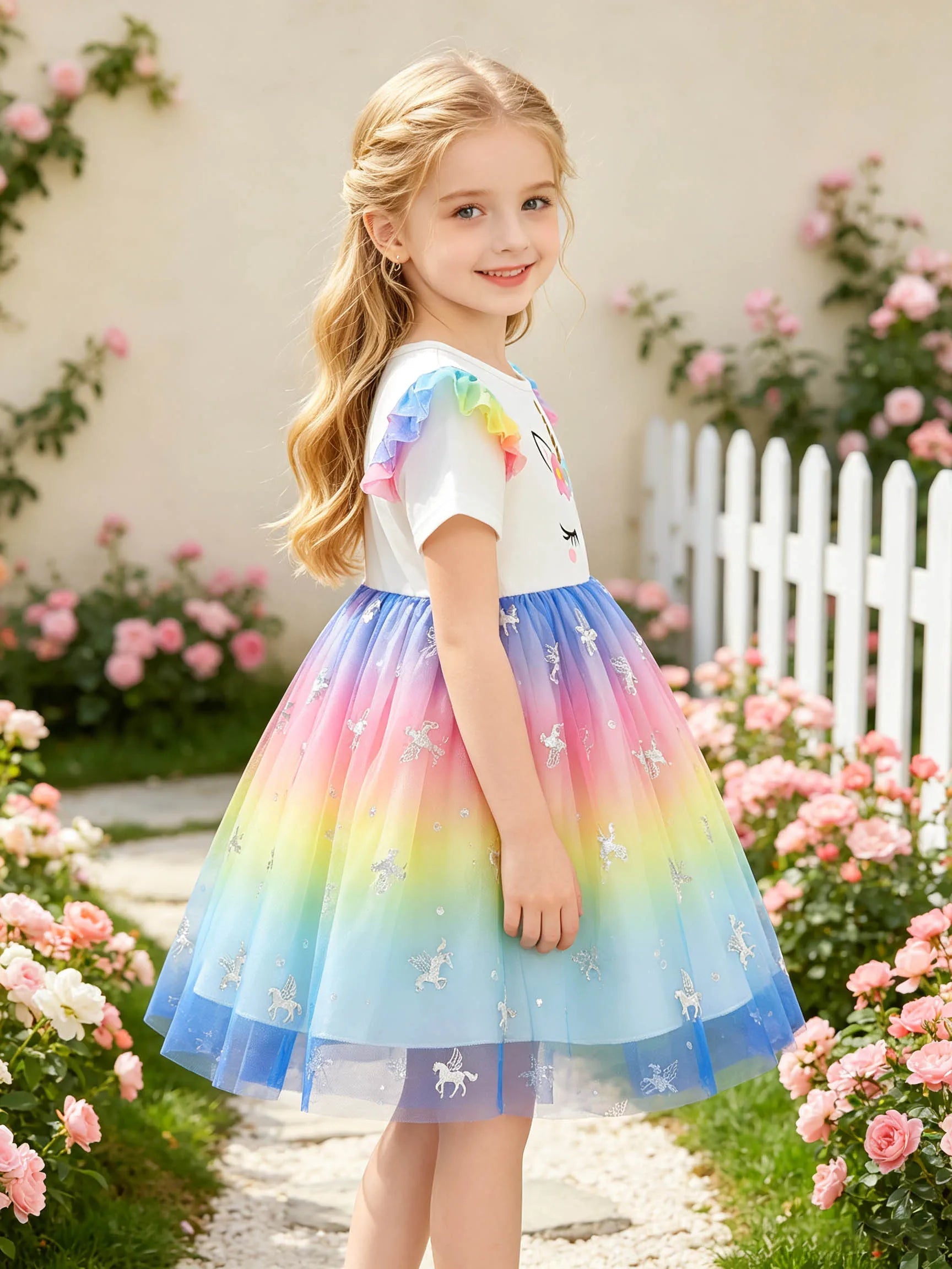 Girls' Dress with Flower, Closed-Eye Unicorn, Rainbow Flutter Sleeves, Gradient Colorful Pegasus Sequined Tulle Puffy Princess S TechVisio