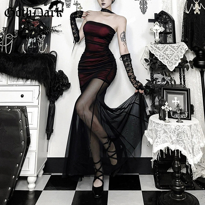 Goth Dark Women Elegant Fashion Partywear Mall Gothic Mesh Patchwork Trumpet Dresses Y2K Strapless Bodycon Dress Slim Vestido TechVisio