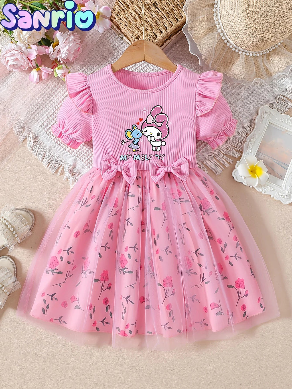 My Melody Kids Dress, Sanrio Licensed Cartoon Printed Girls' Dress with Rose Tulle TechVisio