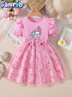 My Melody Kids Dress, Sanrio Licensed Cartoon Printed Girls' Dress with Rose Tulle TechVisio