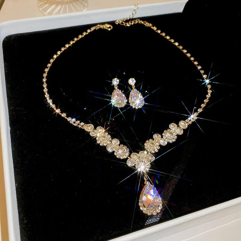 Shiny Crystal Necklace Earrings Women's Fashion Big Water Droplet Rhinestone Necklaces Wedding Evening Dress Jewelry Set TechVisio