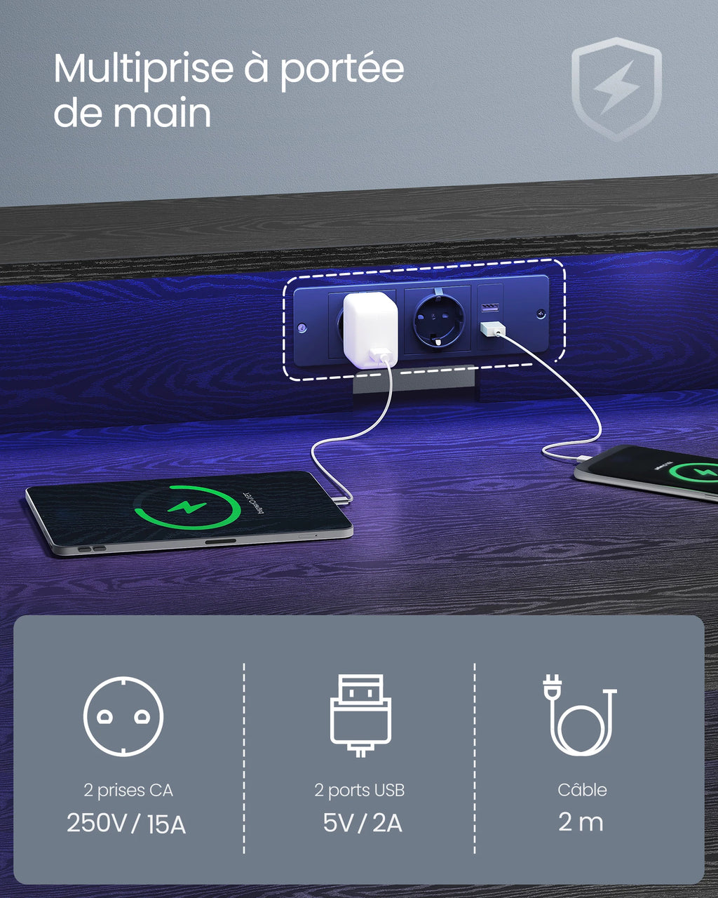 VASAGLE – Bureau Gaming LED RGB Multiprise USB 100x60cm
