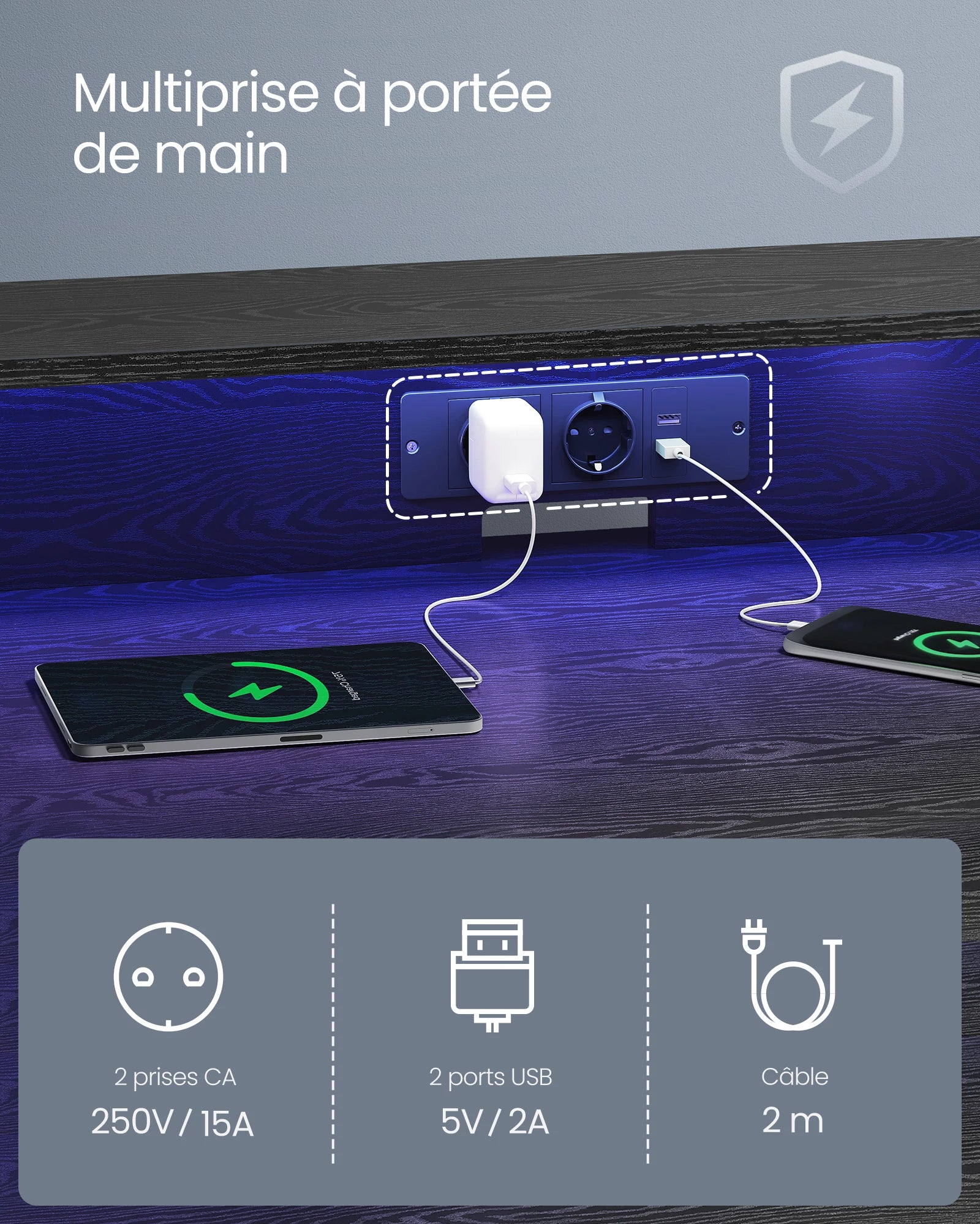 VASAGLE – Bureau Gaming LED RGB Multiprise USB 100x60cm