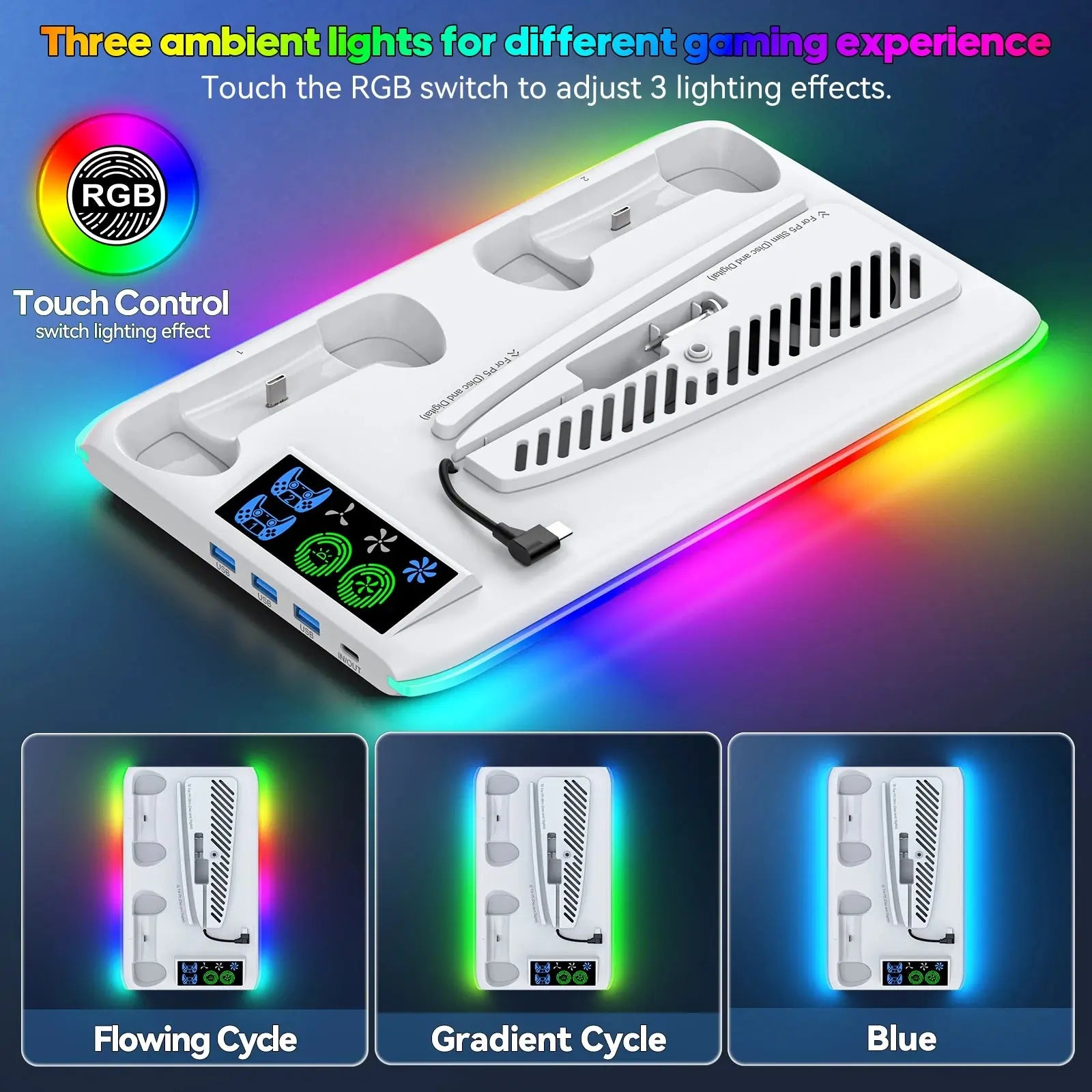 Support PS5/PS5 Slim/PS5 Pro RGB – Ventilateur 3 Niveaux, Station de Charge Manettes, Hub USB TechVisio