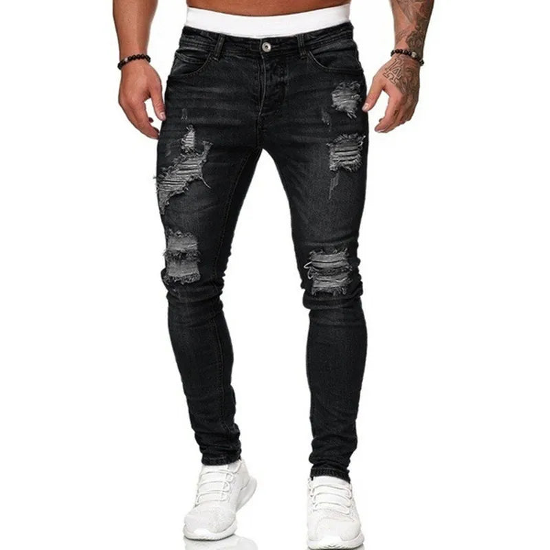 Fashion Street Style Ripped Skinny Jeans Men Vintage wash Solid Denim Trouser Mens Casual Slim fit pencil denim Pants hot sale TechVisio