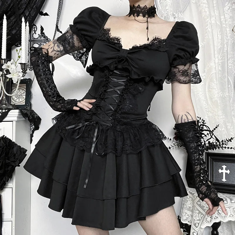 Goth Dark Gothic Lace Trim Puff Sleeve A-line Mini Dress Women Outfits Embellished Square Neck Dresses Bandage Lace Up Halloween TechVisio
