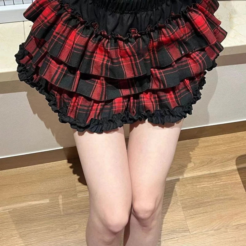 High Street Vintage Lace New Cake Skirts Women Subculture Gothic Y2k High-waist Red Plaid Skirt Female Design Hot Girl Outfits TechVisio