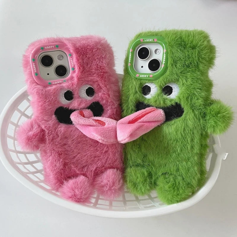 INS Couple Fur Monster Kiss Tongue Case For iPhone 17 16 15 14 13 12 Pro Max Korea Cute Cartoon Gift Anti-Drop Soft Back Cover TechVisio