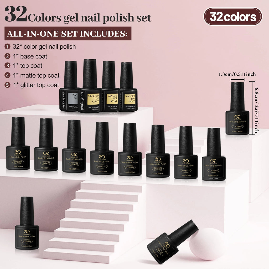 36 pcs Gel Nail Polish Set-32 Colors Gel Polish Kit Base Coat Glossy Matte And Glitter Top Coat Nail Polish Set TechVisio