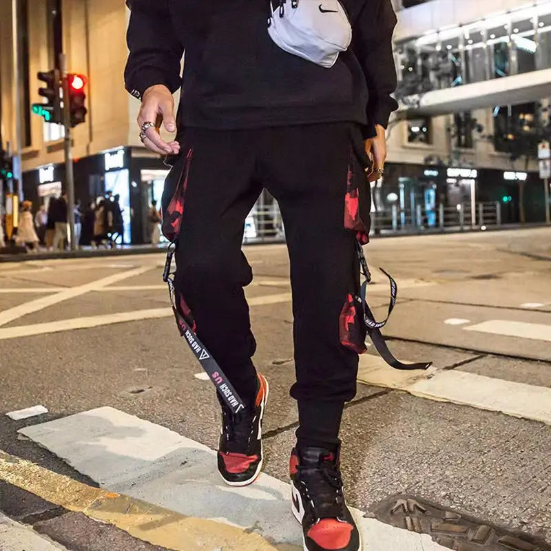Classic Streetwear Hip Hop Joggers Men Letter Ribbons Cargo Pants Pockets Track Tactical Casual Male Trousers Sweatpant KZ99 TechVisio