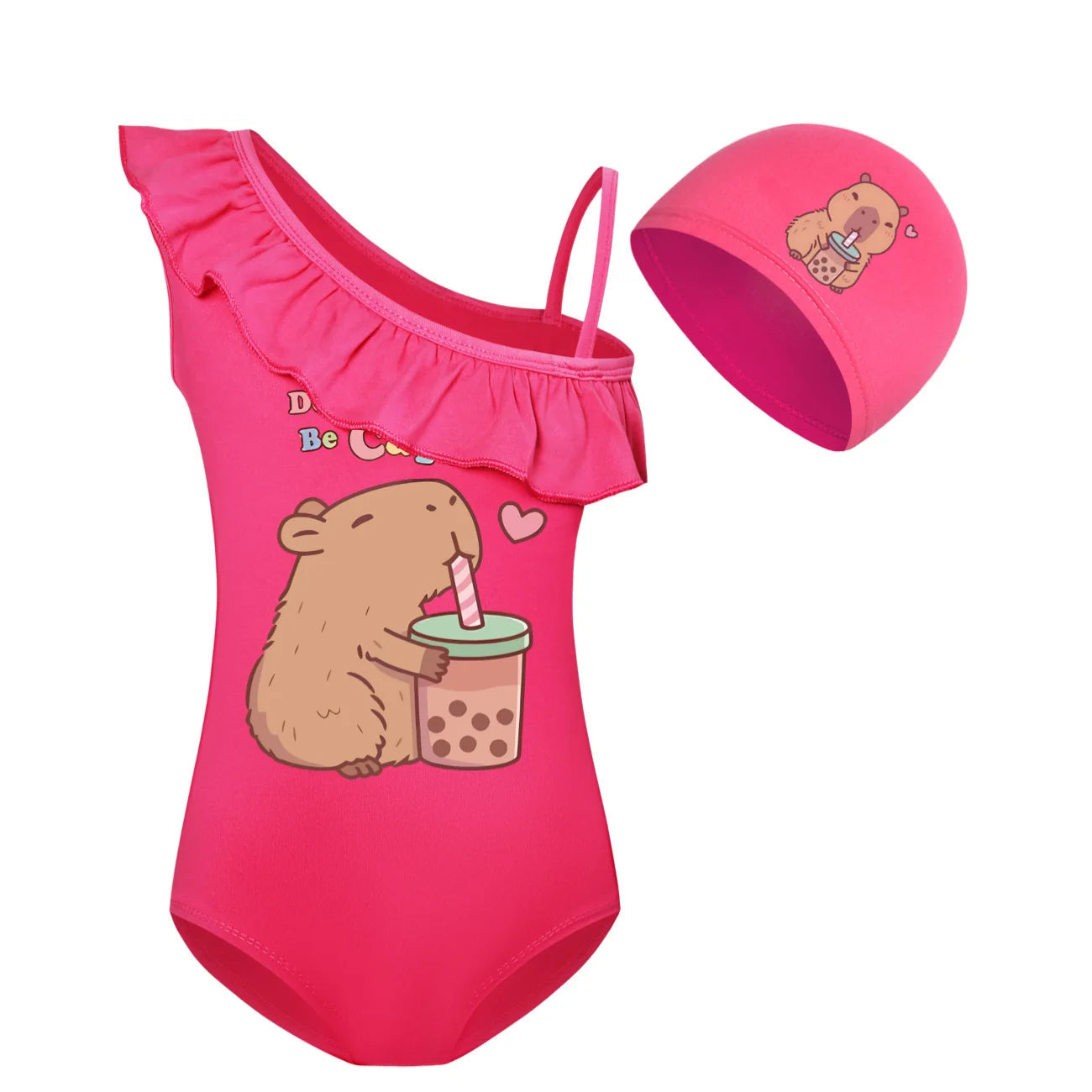 Cute Capybara Loves Bubble Tea Clothes Kids Summer Swimwear Baby Girls Once Piece Swimsuit & Cap Children Vacation Bikini suits TechVisio