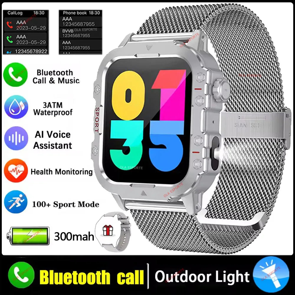 2026 Rugged Military Smart Watch Men's Outdoor Watch LED Flashlight 2.01'' HD Touch Screen Voice Bluetooth Call Smartwatch Gifts TechVisio