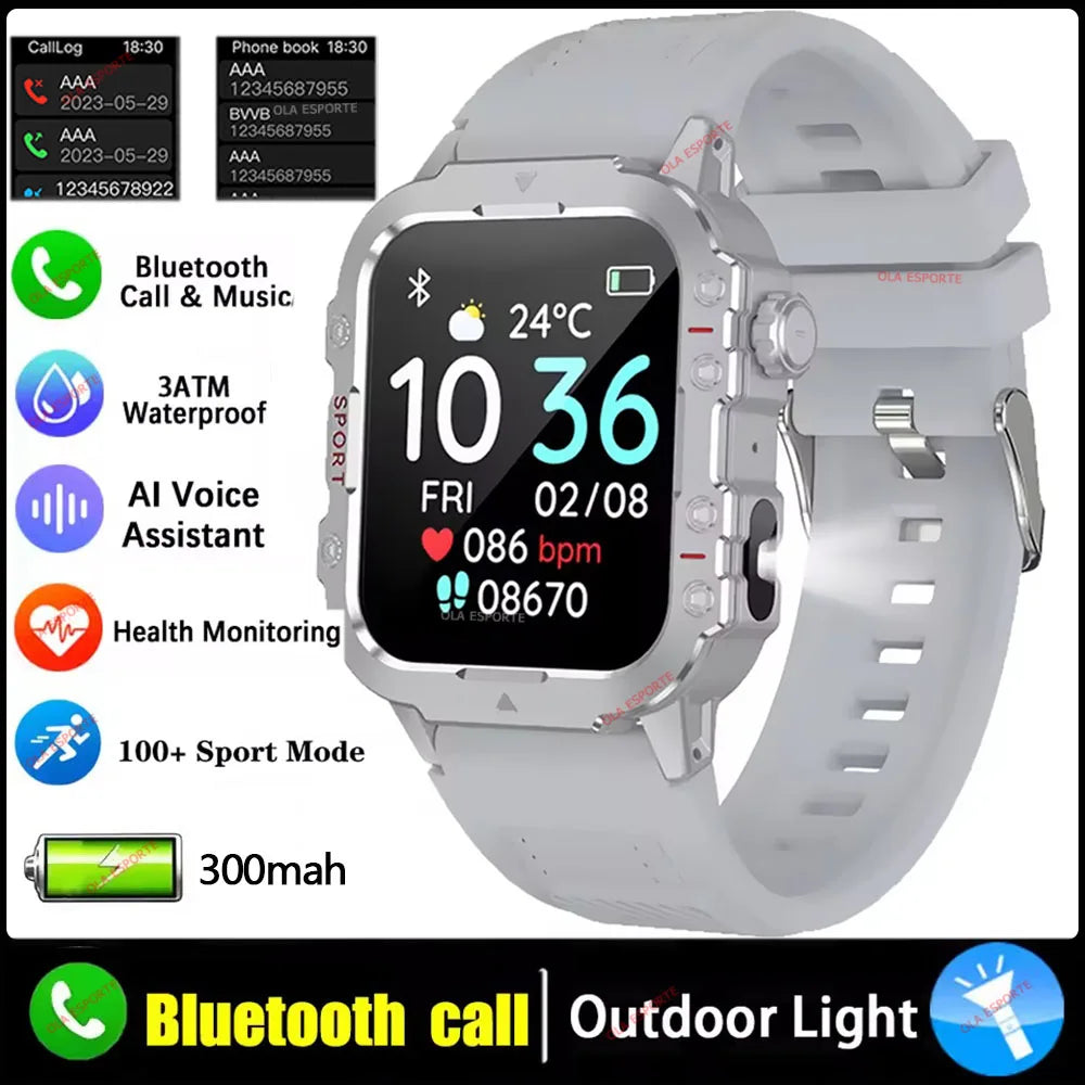 2026 Rugged Military Smart Watch Men's Outdoor Watch LED Flashlight 2.01'' HD Touch Screen Voice Bluetooth Call Smartwatch Gifts TechVisio