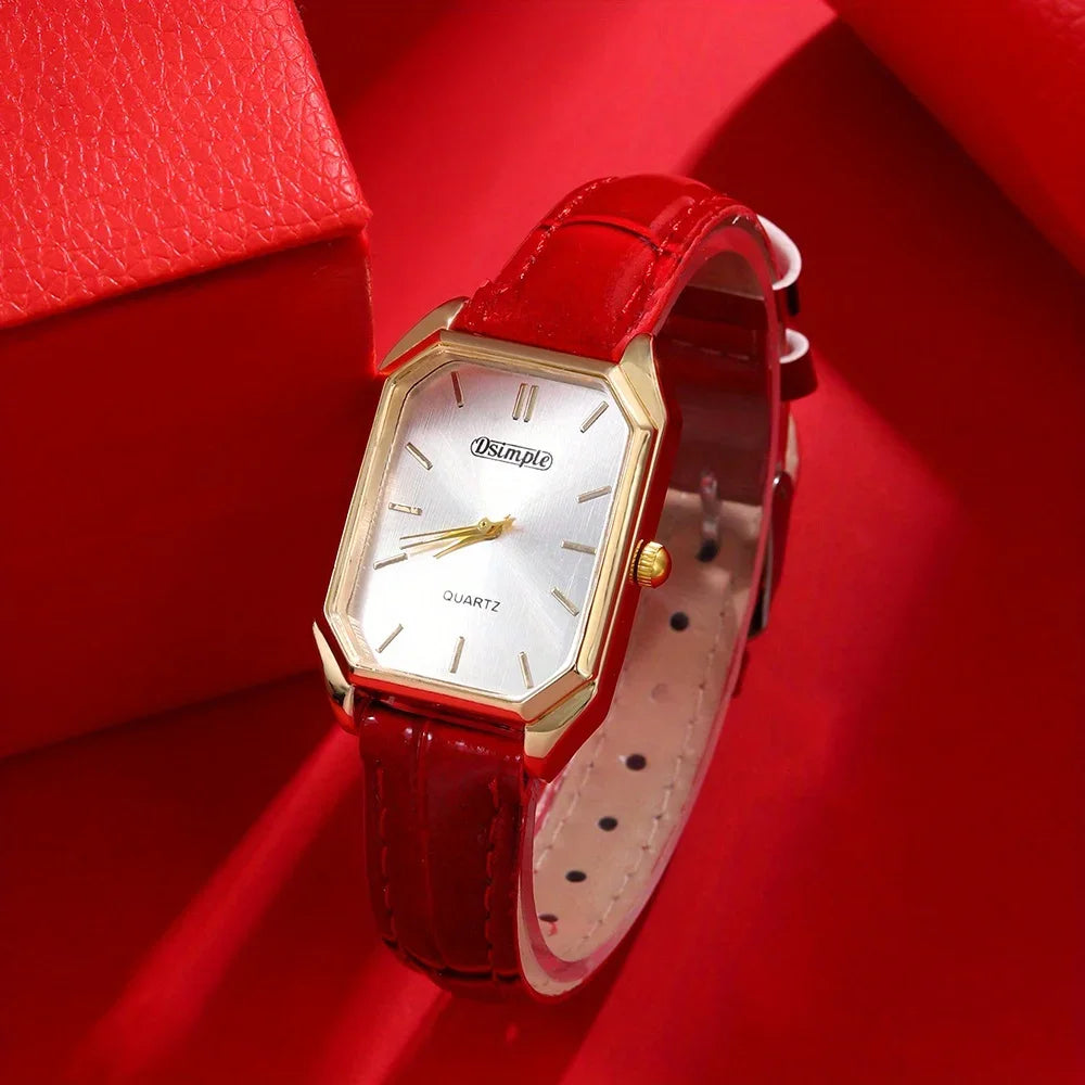 Luxury Women's Watches Elegant Womens Quartz Watch Analog Red PU Leather Designer Square Dial Wrist Watch Ideal Choice for Gifts TechVisio