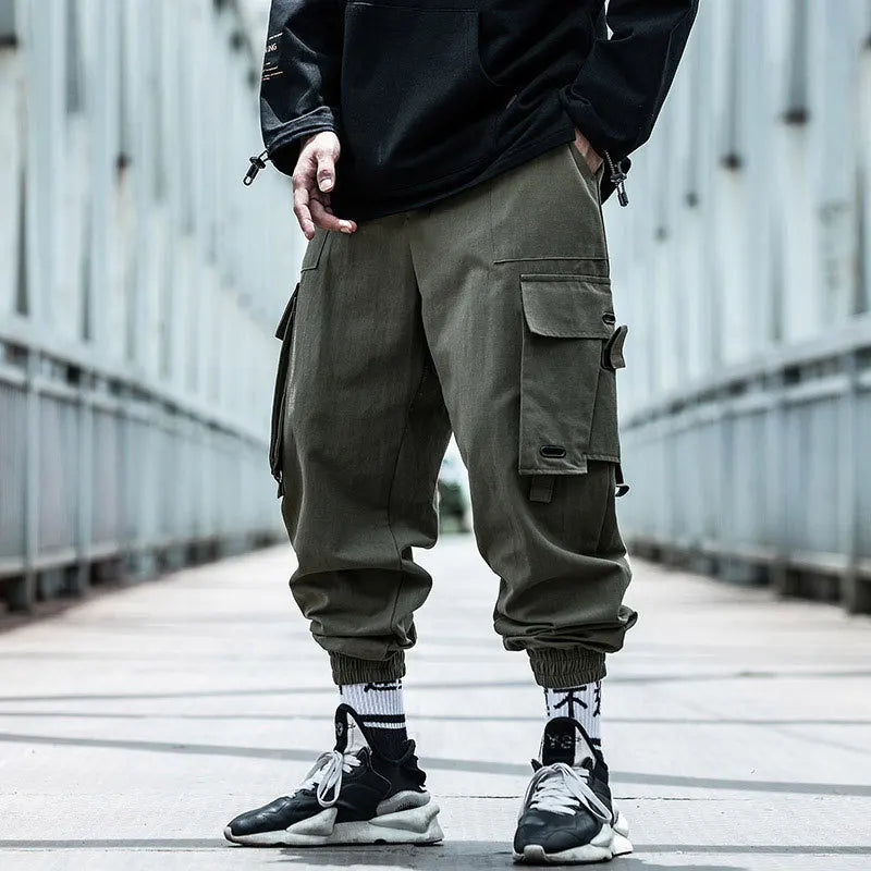 Classic Streetwear Hip Hop Joggers Men Letter Ribbons Cargo Pants Pockets Track Tactical Casual Male Trousers Sweatpant KZ99 TechVisio