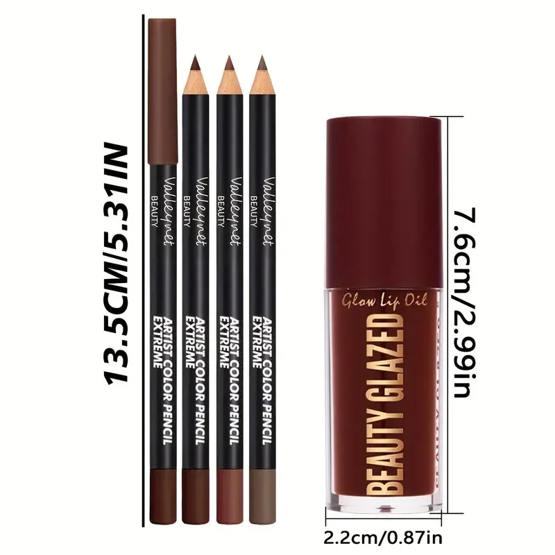 4pcs Lip Kit Set-3pcs Lip Liner+1pc Lip Glaze, Waterproof&Long-Lasting Matte Effect,Versatile for Casual & Formal Occasions, TechVisio