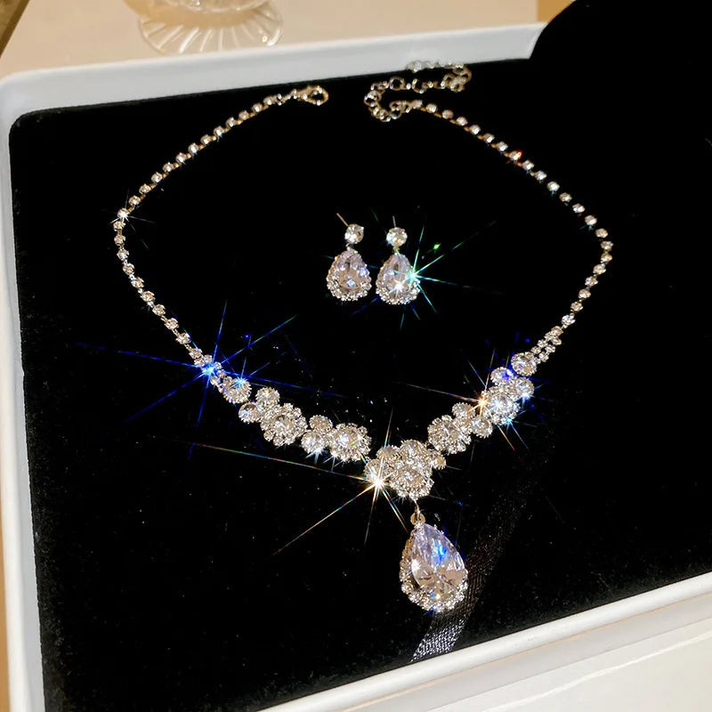 Shiny Crystal Necklace Earrings Women's Fashion Big Water Droplet Rhinestone Necklaces Wedding Evening Dress Jewelry Set TechVisio