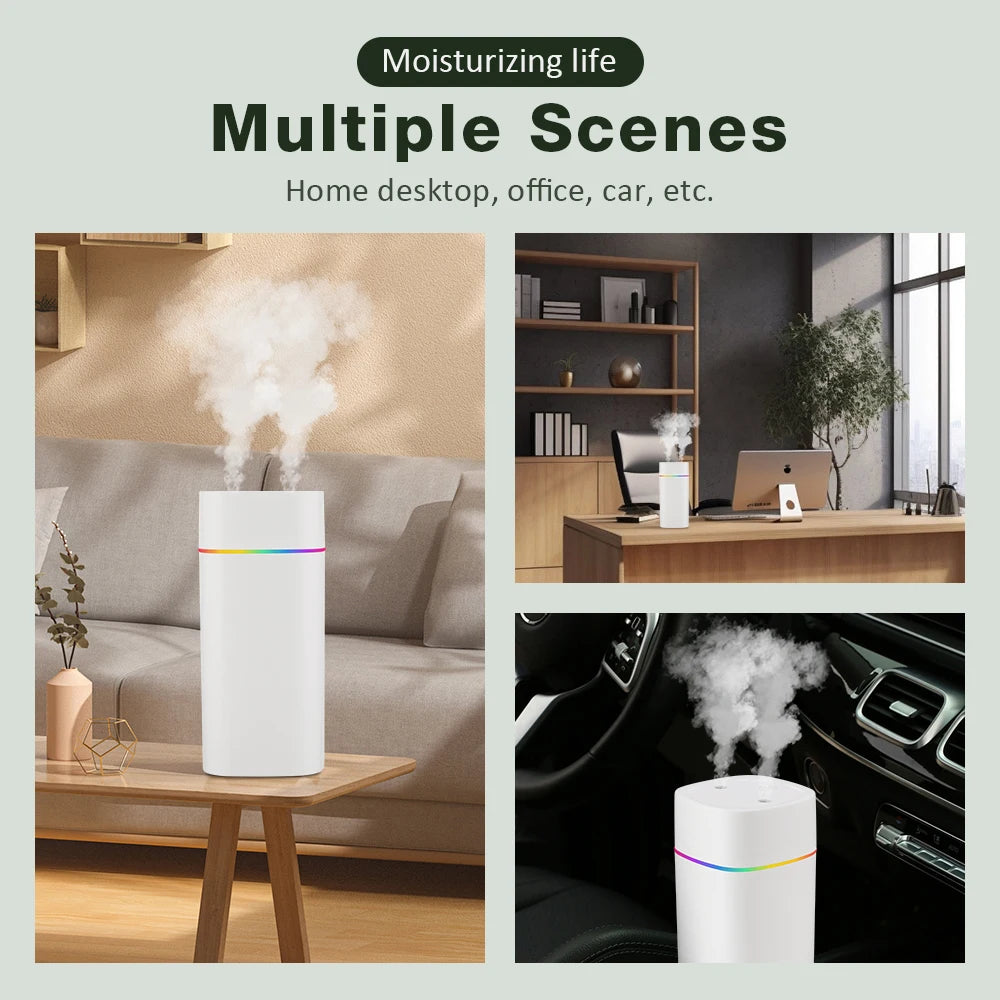 Humidificateur Double Buse 600ml – LED, Aromathérapie, 6-12h, USB
