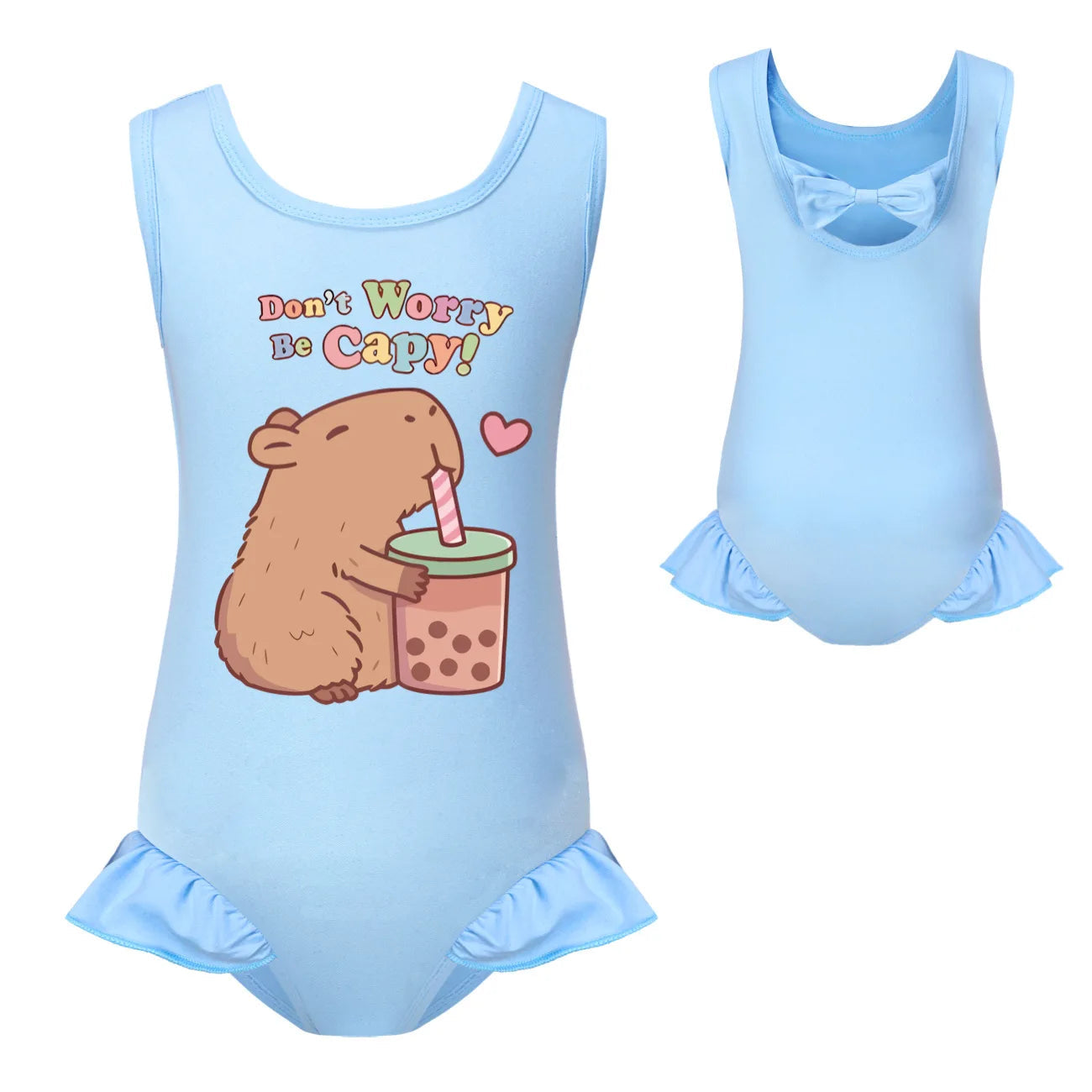 Cute Capybara Loves Bubble Tea Clothes Kids Summer Swimwear Baby Girls Once Piece Swimsuit & Cap Children Vacation Bikini suits TechVisio