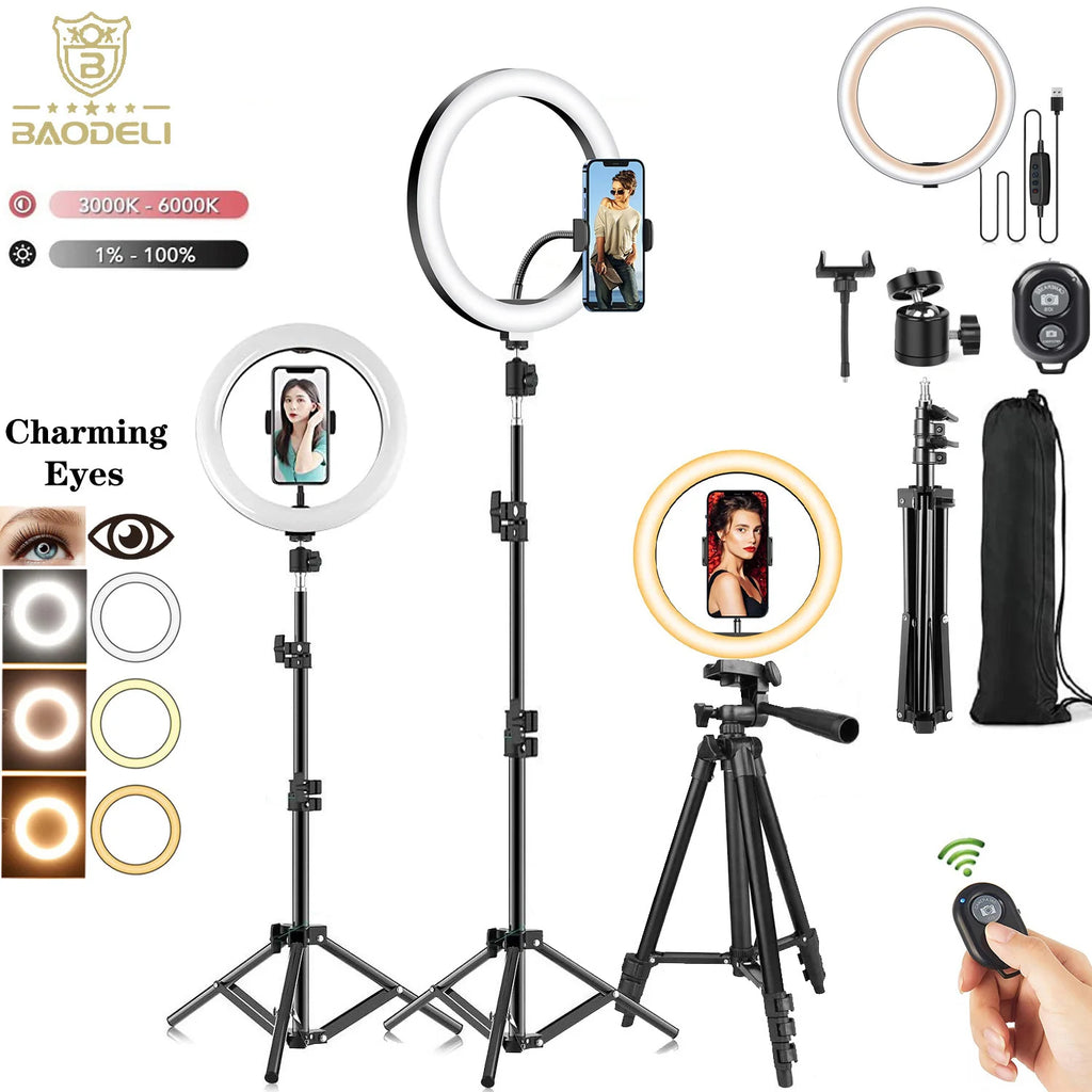 Kit Ring Light LED TechVisio – 10"/12" | Trépied 200cm | 3 Modes | USB
