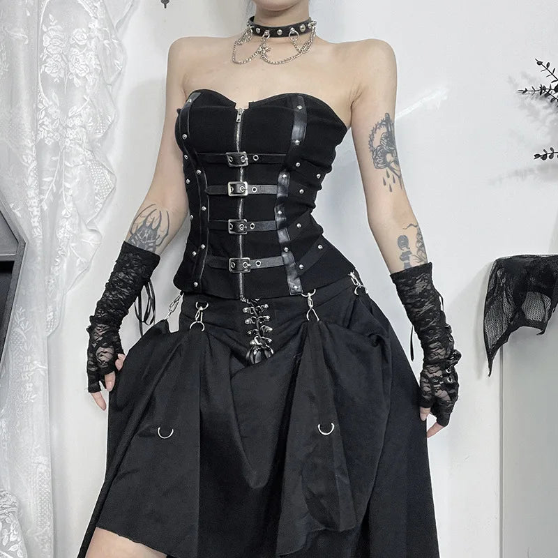 Goth Dark Punk Grunge Leather Buckle Strapless Corset Tops Mall Gothic Zip Women Tupe Top Y2K Coquette Streetwear Alt Tanks Vest TechVisio