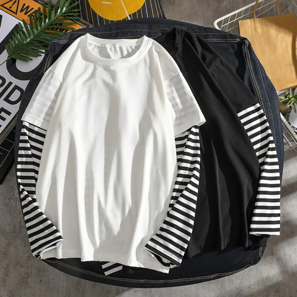 Fake Two Piece Long Sleeve T-shirt Men European And American Round Neck Striped Casual Long Sleeved T-shirt Breathable Men Tee TechVisio