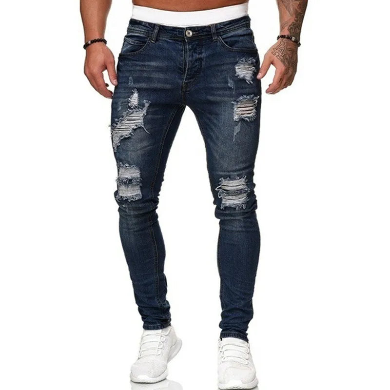 Fashion Street Style Ripped Skinny Jeans Men Vintage wash Solid Denim Trouser Mens Casual Slim fit pencil denim Pants hot sale TechVisio