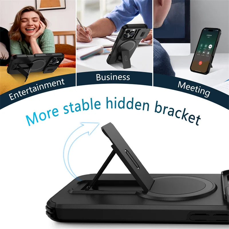 For Magsafe Magnetic Wireless Charging Case for IPhone 16 15 14 13 12 11 Pro Max Plus 16e Armor Stand Slide Lens Protector Cover TechVisio