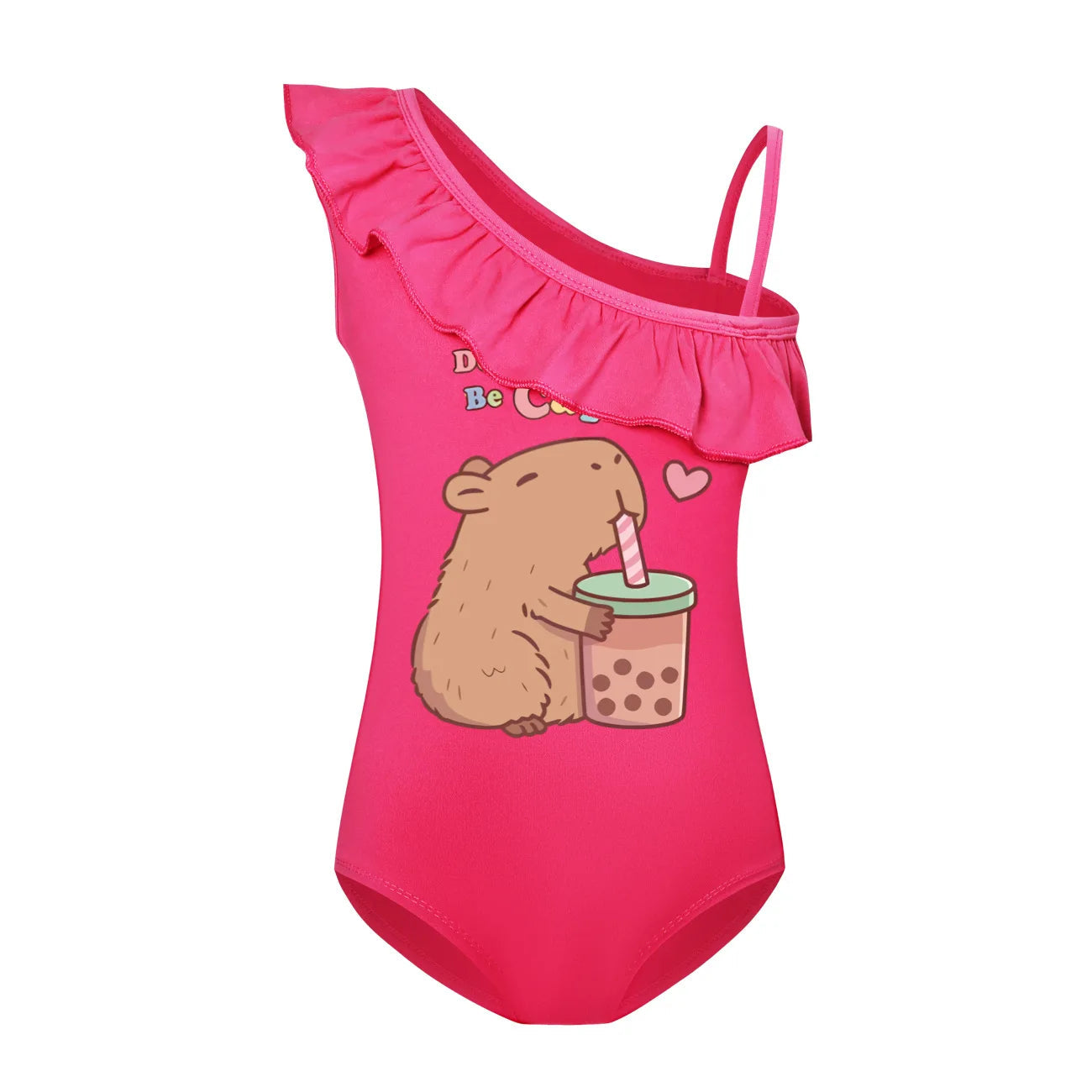 Cute Capybara Loves Bubble Tea Clothes Kids Summer Swimwear Baby Girls Once Piece Swimsuit & Cap Children Vacation Bikini suits TechVisio