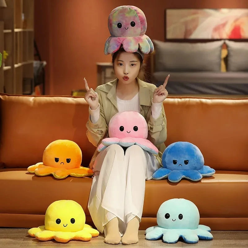 18/28/48cm Cute Reversible Mood Octopus Plush Toy Double Sided Flip Octopus Pillow Soft Stuffed Animal Doll Home Room Decor Gift TechVisio